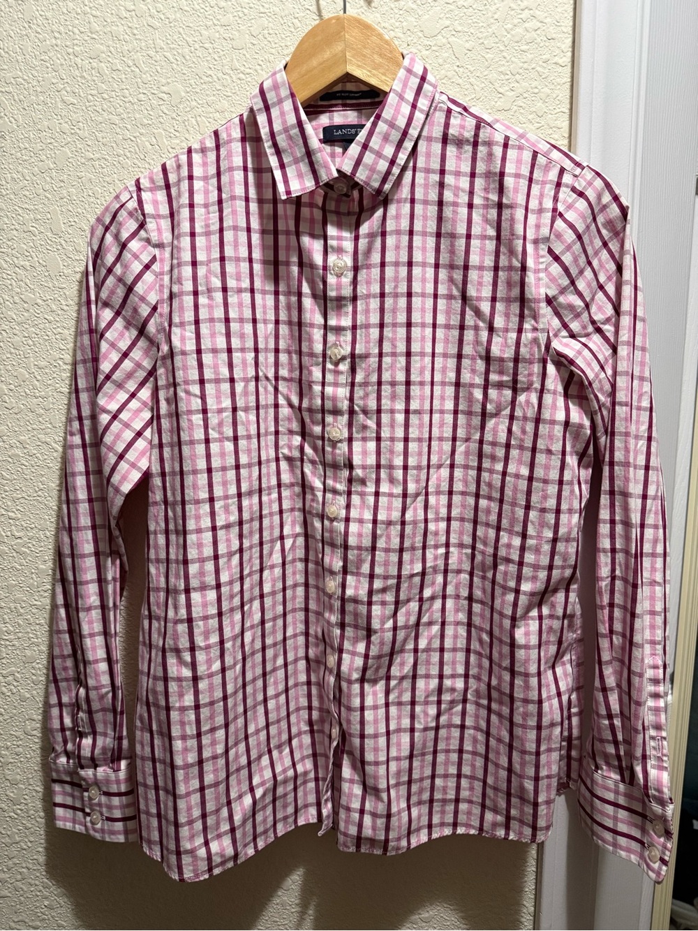 Lands' End Pink Plaid Button-Down Shirt - Picture 1 of 3